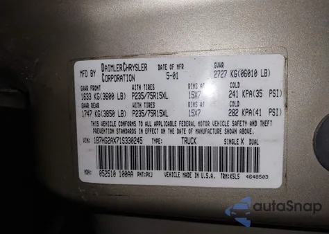 2001 Dodge Dakota Slt/Sport z USA, uszkodzony, nr VIN 1B7HG2AX71S330245